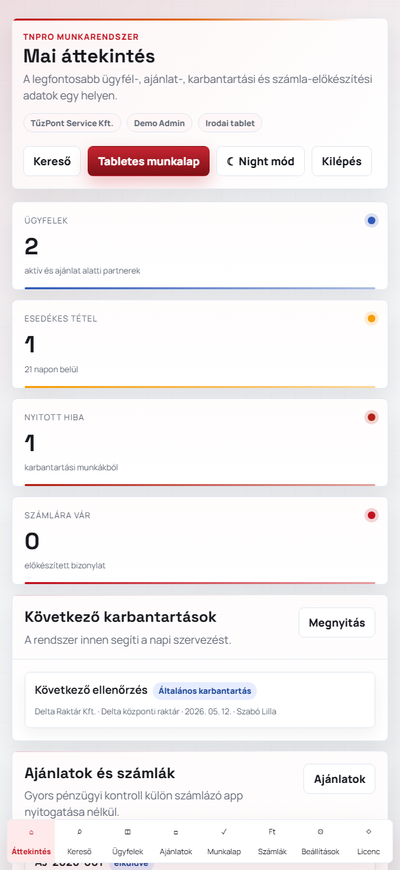 TűzNaplóPro irányítópult előnézet