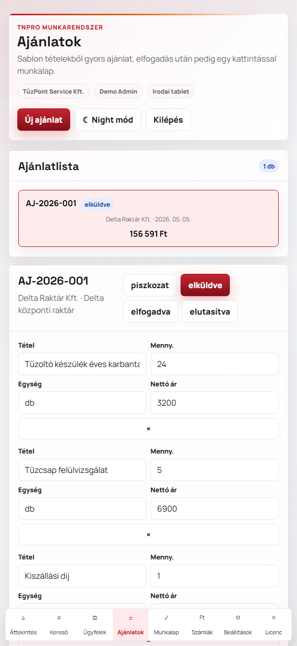 Ajánlat készítése a TűzNaplóPro appban