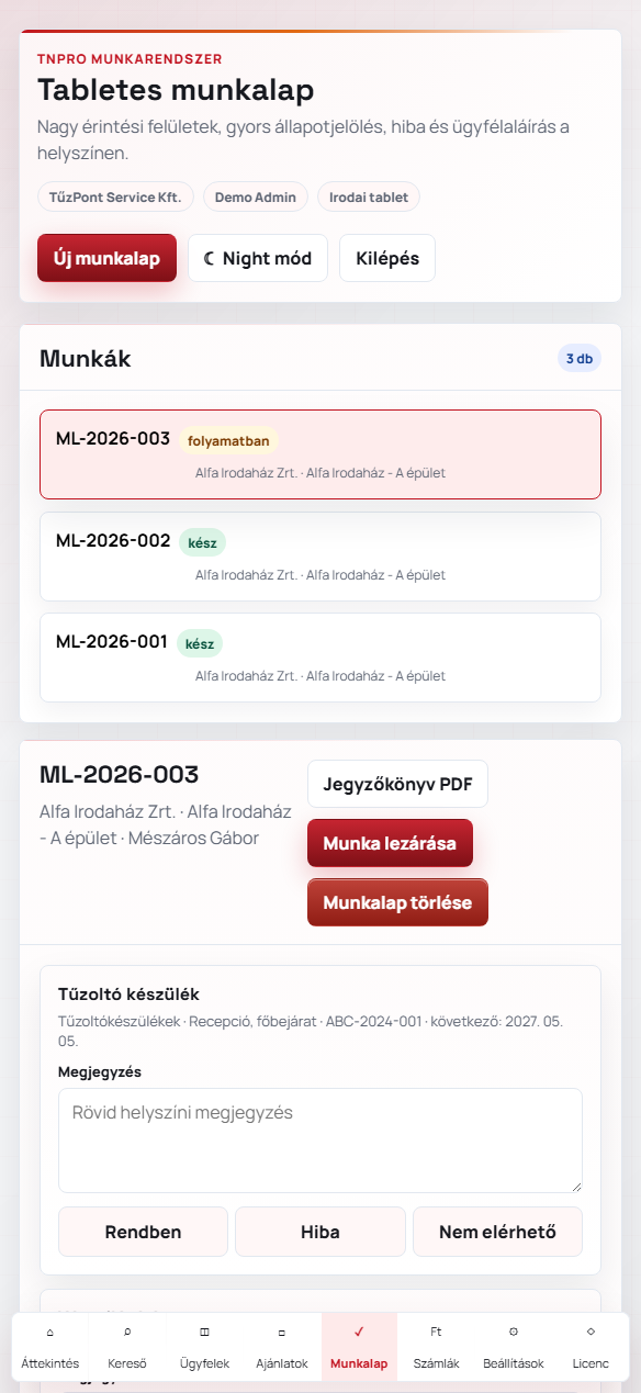 Tabletes karbantartási munkalap